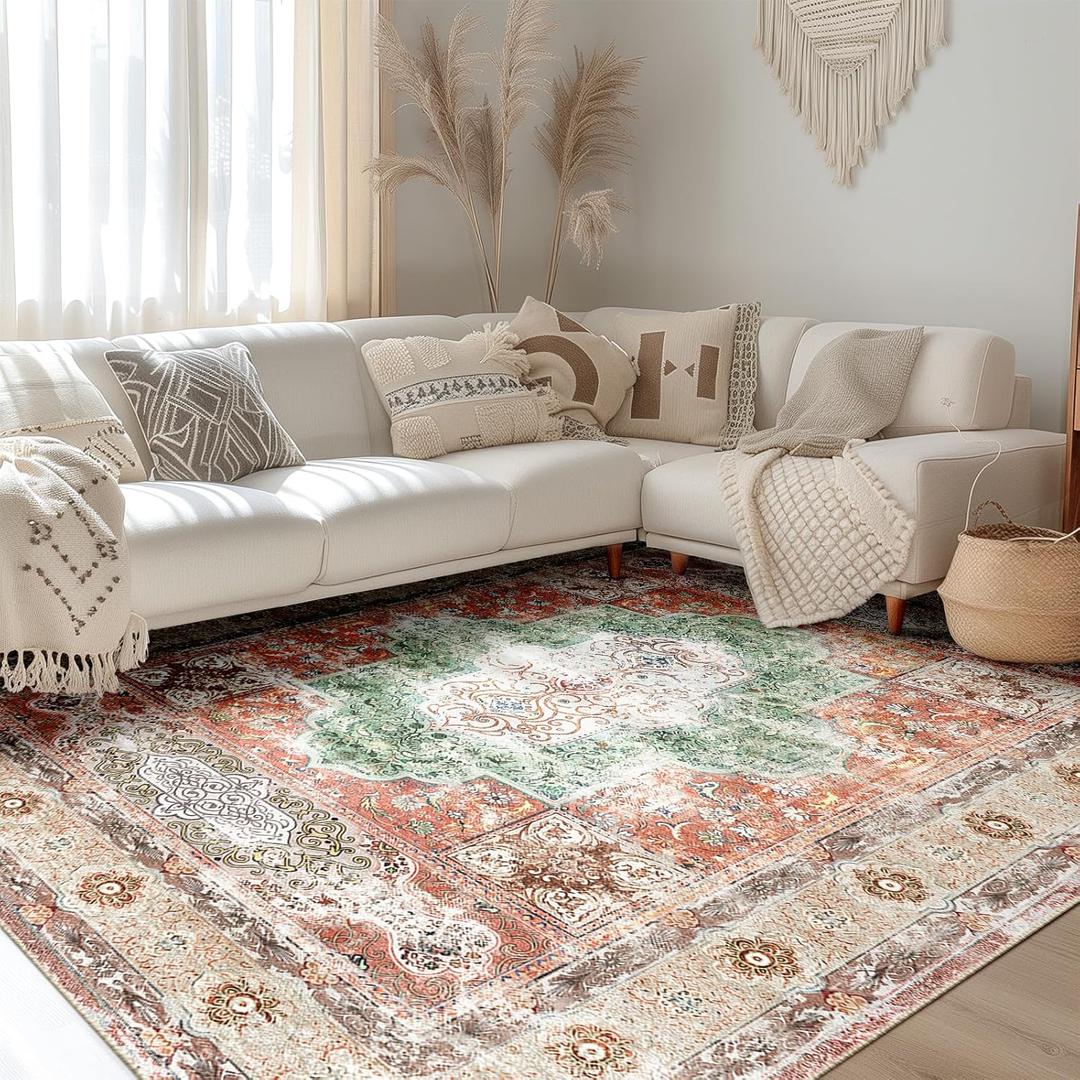 BESTSWEETIE 8x10 Area Rugs Machine Washable No Pile Non Slip Vintage Rugs for Living Room&Bedroom&Dinning Room Bohemian Distressed Carpet Indoor,Brick