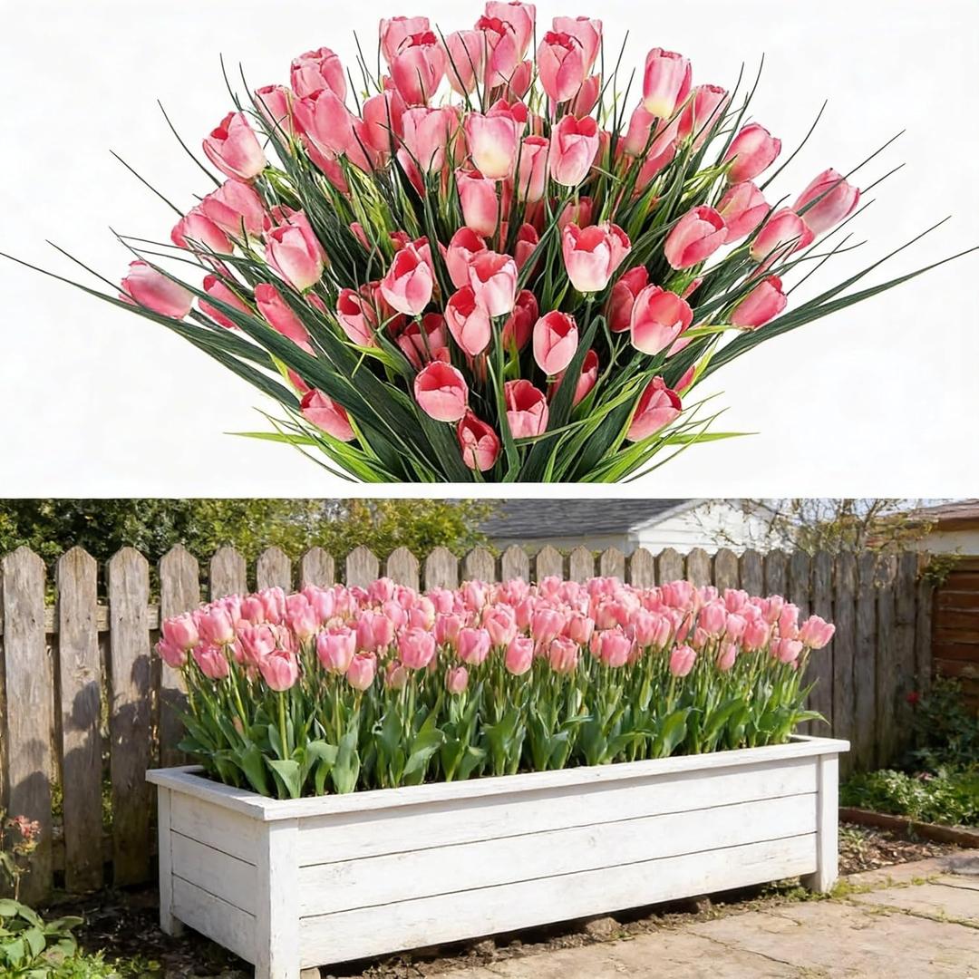 XunYee 100 Pcs Artificial Tulips Fake Flowers Bulk Plastic Faux Tulip Stems 16 Inches Spring Flowers for Outdoor Garden Indoor Home Wedding Mother Day Office Table Centerpieces Vase Decor (Pink)