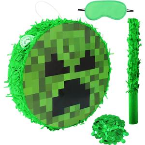 Mini Round Green Pixel Pinata with Stick Blindfold,Birthday Pixel Pinata,Solid Color Circle Party Decoration for Pixel Party Birthday Party Halloween Decorations
