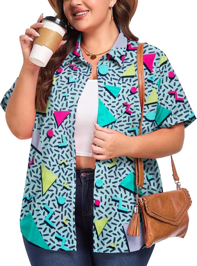 Plus Size 80s 90s Outfits for Women 90s Theme Party Disco Shirt 80s Hawaiian T-Shirt Retro Neon Button Down Blouse Tops (XXL)