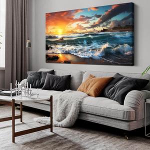 Large Wall Art for Living Room Sunny Coastal Beach Pictures Print Paintings Bedroom Bathroom Framed Wall Decor Modern Home Ocean Wall Decorations Artwork Size 30x60 Ready to Hang (59L" x 29W", blue yellow)