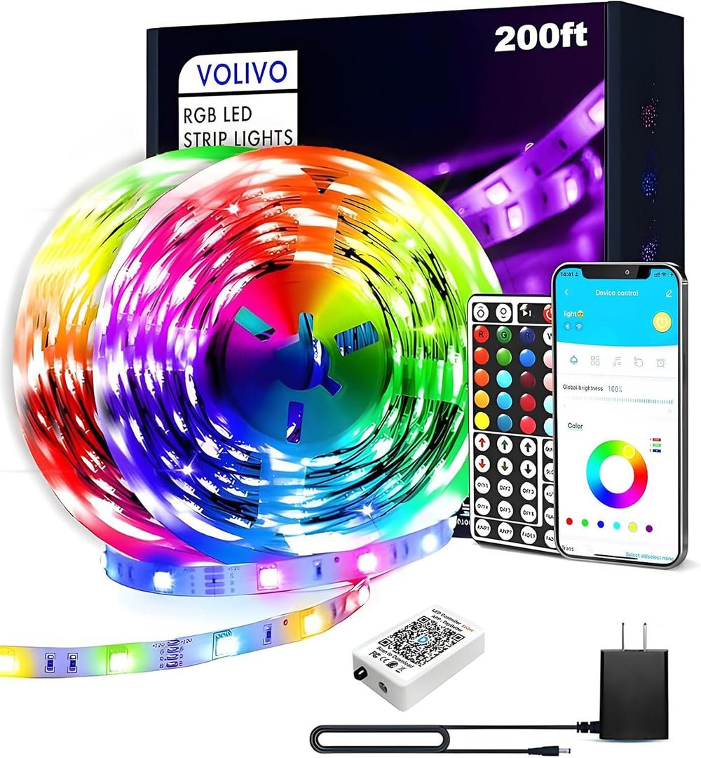 VOLIVO LED Strip Lights for Bedroom 200ft, Smart Bluetooth RGB Light Strips with App Control & Music Sync, Color Changing LED Lights for Room, Home, Party Decor