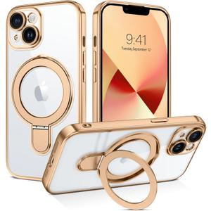 GUAGUA for iPhone 13 Case with Stand, Magnetic Clear Cases Plating Edge Invisible Ring Holder Slim Shockproof Protective Kickstand Phone Case for iPhone 13 6.1'', Desert Titanium Gold