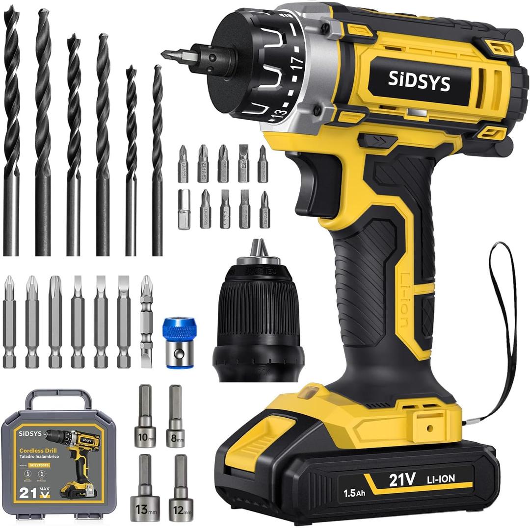 SIDSYS 21V Max Cordless Electric Drill Set, 3/8" Keyless Chuck Power Drill 17+1 Torque, 2 Variable Speed, Built-In LED, Versatile Hand Drills for Wood Drilling/Screw Removal