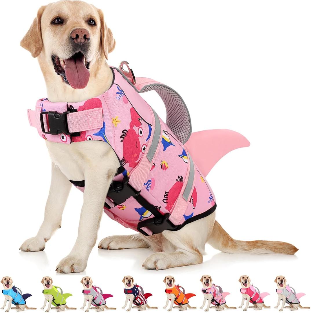 AOFITEE Dog Life Jacket, Dog Life Vest for Swimming, Shark Dogs Swimming Vest with Rescue Handle and Reflective Stripe, Ripstop Pet Float Coat Swimsuit Lifesaver Small Medium Large Dogs Pink S