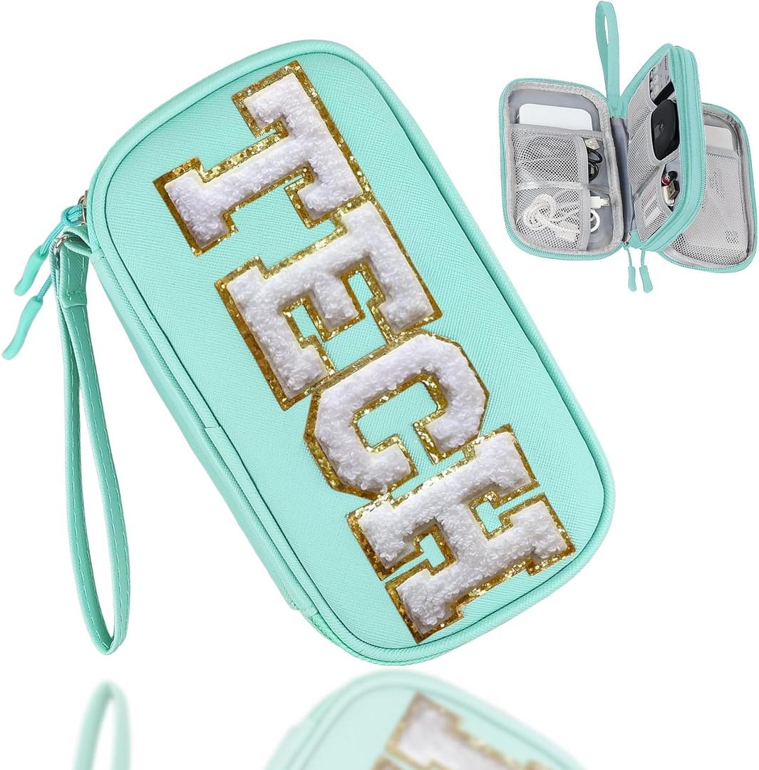 COSHAYSOO Electronics Organizer Bag Travel with Chenille Letter Patch Traveling Must Have Accessories Cute Personalized Gift for Women Cable Cord Charger Storage Pouch (Teal Blue)