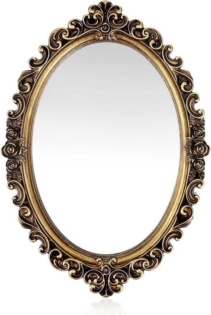 Vintage Wall Mirror Gold Oval Decorative Mirror 12 x 8.3 inch Small Hanging Mirrors for Bedroom Living-Room Dresser Gallery Decor (Antique Gold)