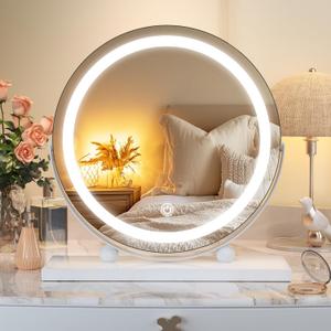 Hasipu Vanity Mirror with Lights, 11 in LED Makeup Mirror, Lighted Makeup Mirror with Lights, Smart Touch Control 3 Colors Dimmable Round Mirror 360Rotation White