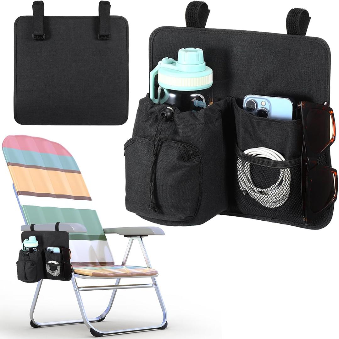 Beach Chair Cup Holder Attachment Nylon Chair Drink Holder Phone Water Bottle Holder Organizer 4 Pockets with 2 Self Adhesive Strap for Patio Lounger, Foldable Camping Chair(Black)