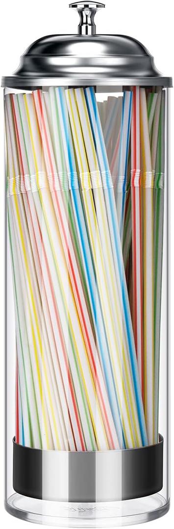 Straw Holder Dispenser Clear Glass Drinking Straw Container with Lid for Counter (Silver)