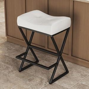 Counter Height Bar Stools, 26 Inch Upholstered Backless Leather Saddle Seats Barstools with X-Frame Metal Legs & Footrest, Modern Counter Top Bar Chair for Kitchen Dining Room (MY-D096-White-1)