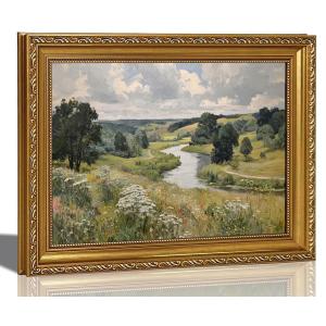 Vintage Gold Framed Canvas Wall Art Natural Valley Pastoral Scenery Painting, 24"x16"