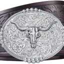 FIORETTO Western Cowboy Belts for Men Women Cowgirl Leather Belt Big Buckle Bull Belt for Jeans  Fit Waist Size 35"-38"