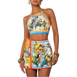 SweatyRocks Women's Tie Backless Tropical Print Halter Top and Shorts 2 Piece Vacation Outfits M