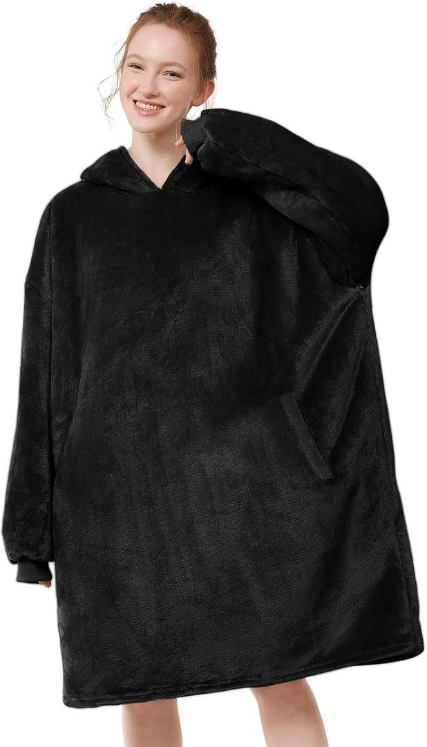 LetsFunny Blanket Hoodie,Oversized Wearable Sherpa Fleece Blanket Sweatshirt,Super Soft Warm Cozy with Giant Pocket,Gifts for Women Men Adults Teenagers, One Size Fits All (Black)