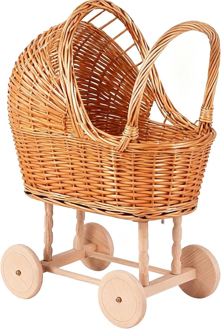 Woven Rattan Stroller Shaped Flower Basket, Vintage Wicker Baby Carriage Planter for Floral Arrangements, Baby Shower Wedding Party Decor, Photography Props, Floral Rustic Home Decor (Large Style B)