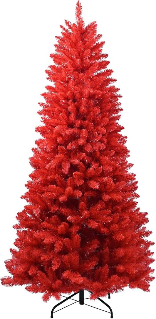 Kadunmina 7ft Artificial Red Christmas Tree Halloween Tree Premium Hinged Spruce Full Real Red Xmas Tree with 1066 Branch Tips Easy to Assemble Includes Metal Foldable Stand