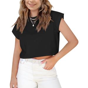 Haloumoning Girls Short Sleeve T-Shirts Crop Top Rolled Sleeve Round Neck Solid Loose Basic Tees for Summer (7-8 Years, Black)