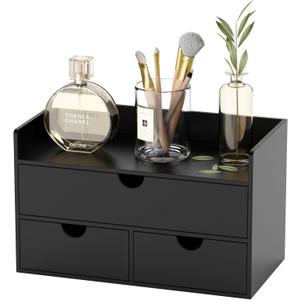 Bamboo Desk Organizer with Drawers Desktop Storage Drawers for Bills Office Supplies Kitchen Utensils Organizing Tool for Home Classroom Organization No Assembly (Black with Shelf)