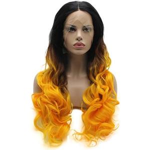 Lushy Wavy Long 26inch Black Root Golden Hand Tied Synthetic Lace Front Wig