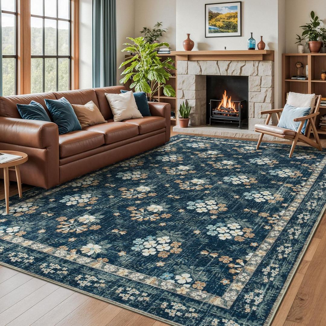 Lessymo Floral Living Room Rug 8x10 Area Rugs, Vintage Washable Rugs for Dining Room Bedroom, Low Pile Non Slip Rubber Mat, Distressed Indoor Boho Carpet, Navy/Beige