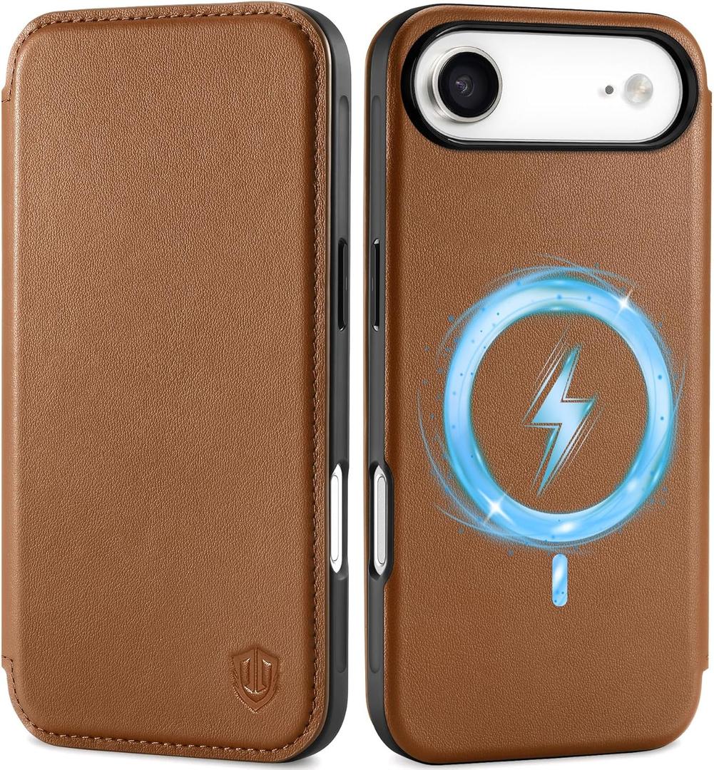 SHIELDON Slim Genuine Leather Case Wallet for iPhone Air 6.5" 2025 | Wireless Charging, Flip Magnetic, RFID Blocking Credit Card Holder, Full Protective Phone Holder Cover - Saddle Brown