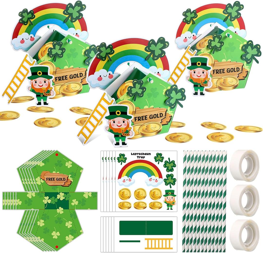 12 Sets St. Patrick's Day Leprechaun Trap Kit Bulk Catch a Leprechaun Trap Kit St Patricks Day DIY Crafts Supplies Green Rainbow Irish Holiday Activity Party Decorations Favors Gifts
