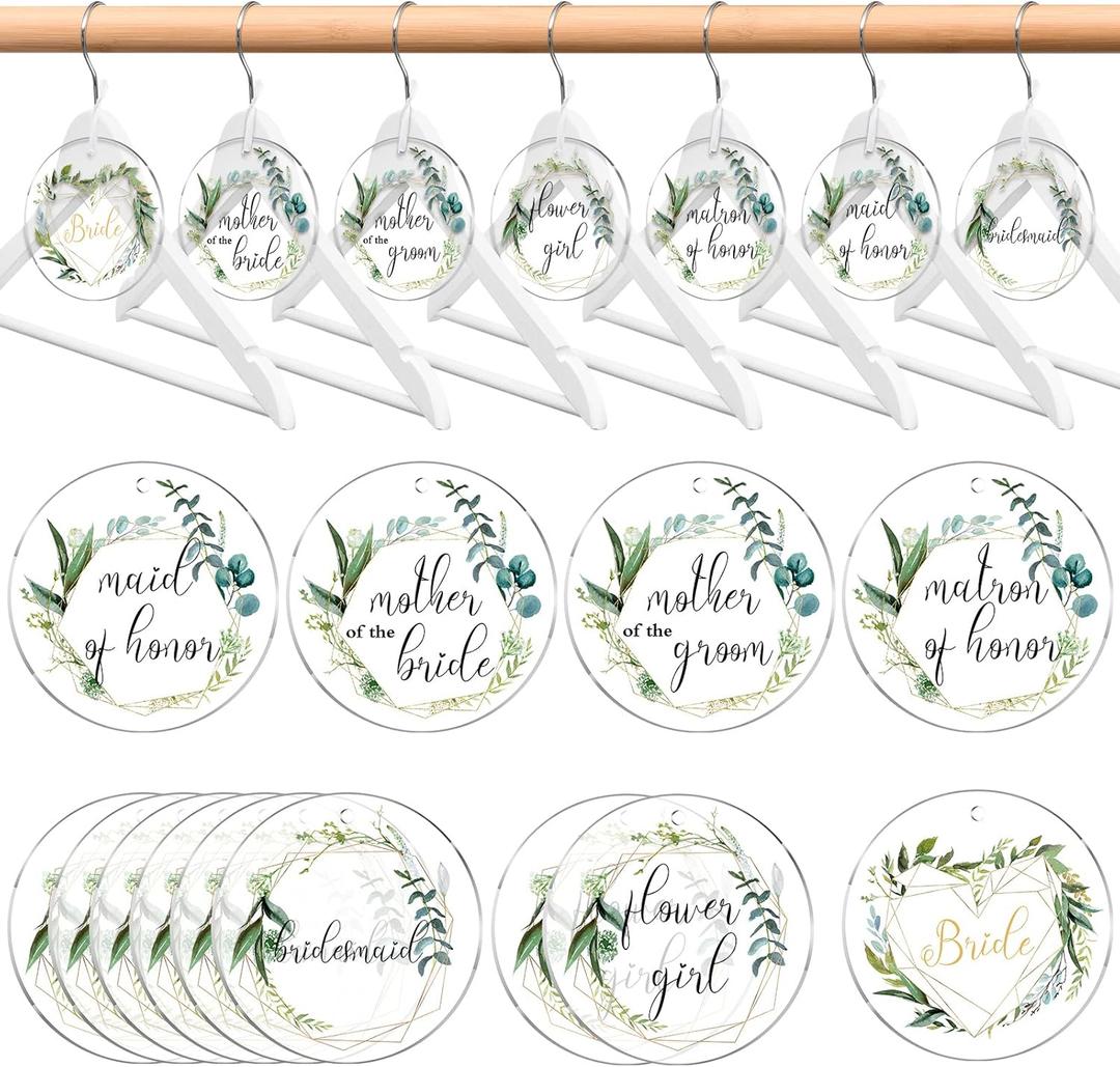 Unittype 13 Pack Bridesmaid Hanger Tags with White Ribbons Acrylic Hangers Tag Gifts for Bride Maid of Honors Wedding Dress Luggage Bachelor Party (Green Eucalyptus)
