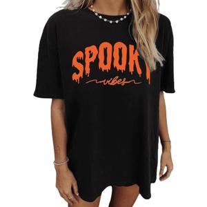 Halloween Shirts for Women Spooky Season Shirt Graphic Letter Print Oversized T Shirt Vintage Short Sleeve Tees Tops (XX-Large, Black)