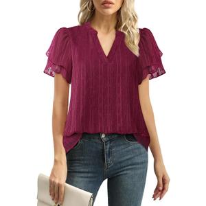 Lotusmile Womens Dressy Chiffon Blouses Summer Puff Petal Short Sleeve Shirts V Neck Casual Work Tops (Medium, Burgundy)