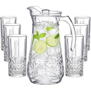 LemonRoad 7 Pcs Glasses Pitcher Drinkware Set 54oz Pitcher Carafe and 6 Tall Drinking Beverage Set, Jug with Lid and Spout for Juice, Iced Tea or Water(Crystle Style)