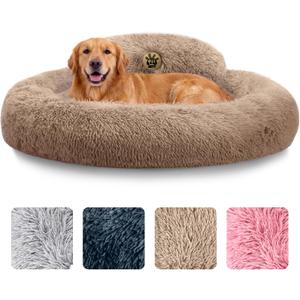 PetJett Large Dog Bed - 36'' Calming Donut Dog Beds, Anti-Slip & Washable Large Round Bed, Fluffy Faux Fur Pet Bed, Super Soft Anti-Anxiety Premium Comfort Bed, Fits Dogs Up To 80 lbs - Beige