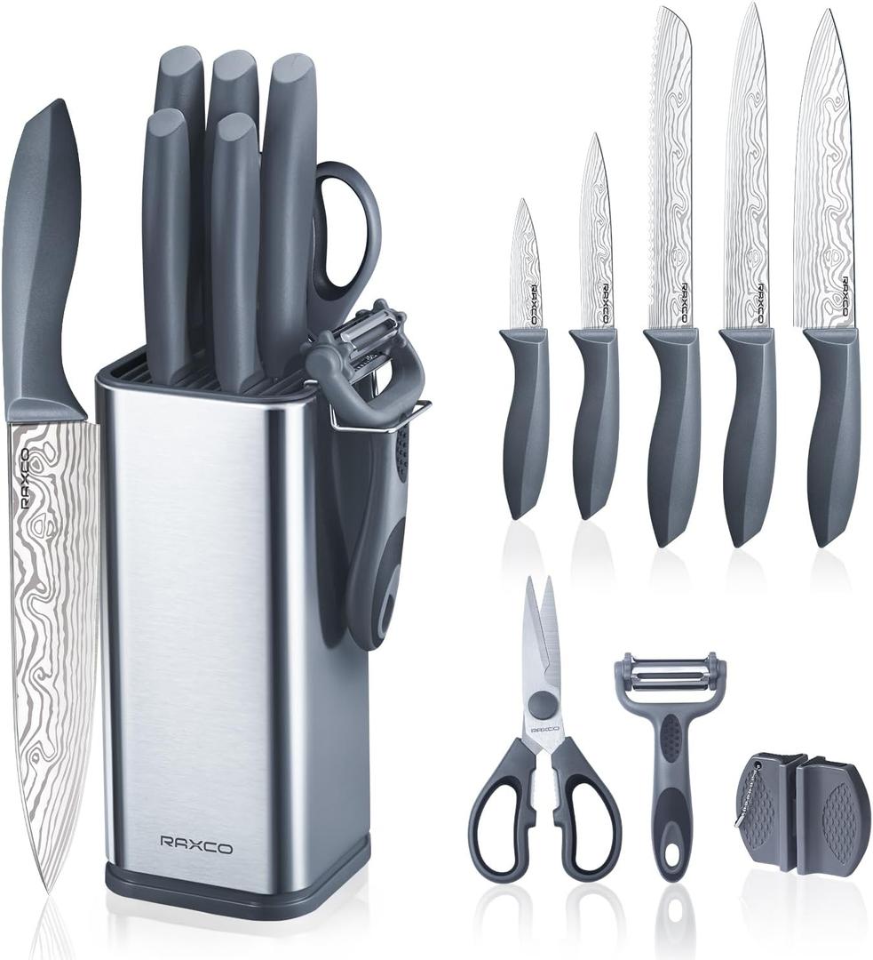 RAXCO 10-Piece Kitchen Knife Set | Stainless Steel Holder | Compact Design - Gray (Damascus)