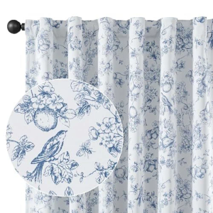 100% Blackout Floral Curtains for Bedroom 50"W x 84"L (Pack of 2) Floral Blue