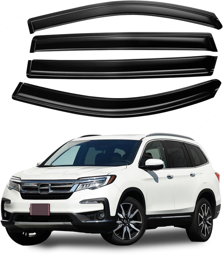 Tape-On Side Window Visor Deflectors for 2016-2022 Honda Pilot 4 Piece Set Smoke Tinted Rain Guards Shield Shade 94557