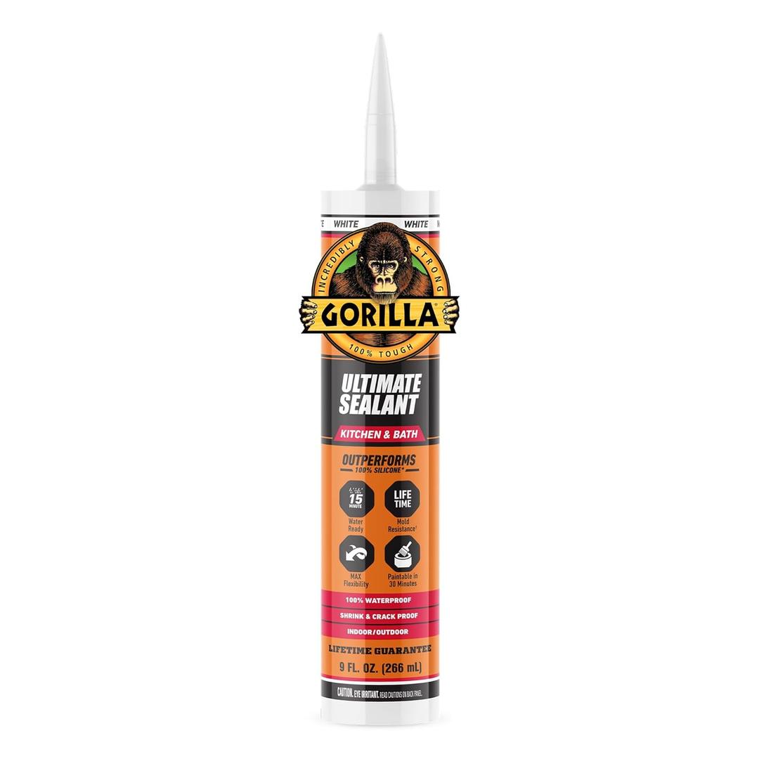 Gorilla Ultimate Sealant Kitchen & Bath Caulk, Paintable & Waterproof, 9 oz Cartridge, White