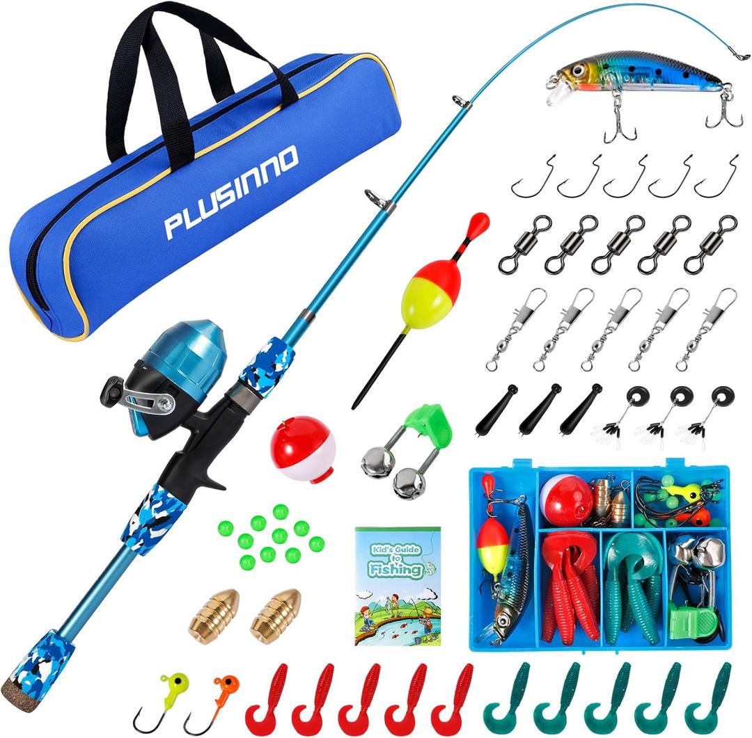 PLUSINNO Kids Fishing Pole with Spincast Reel Telescopic Fishing Rod Combo Full Kits for Boys, Girls, and Adults (47.24", Blue)