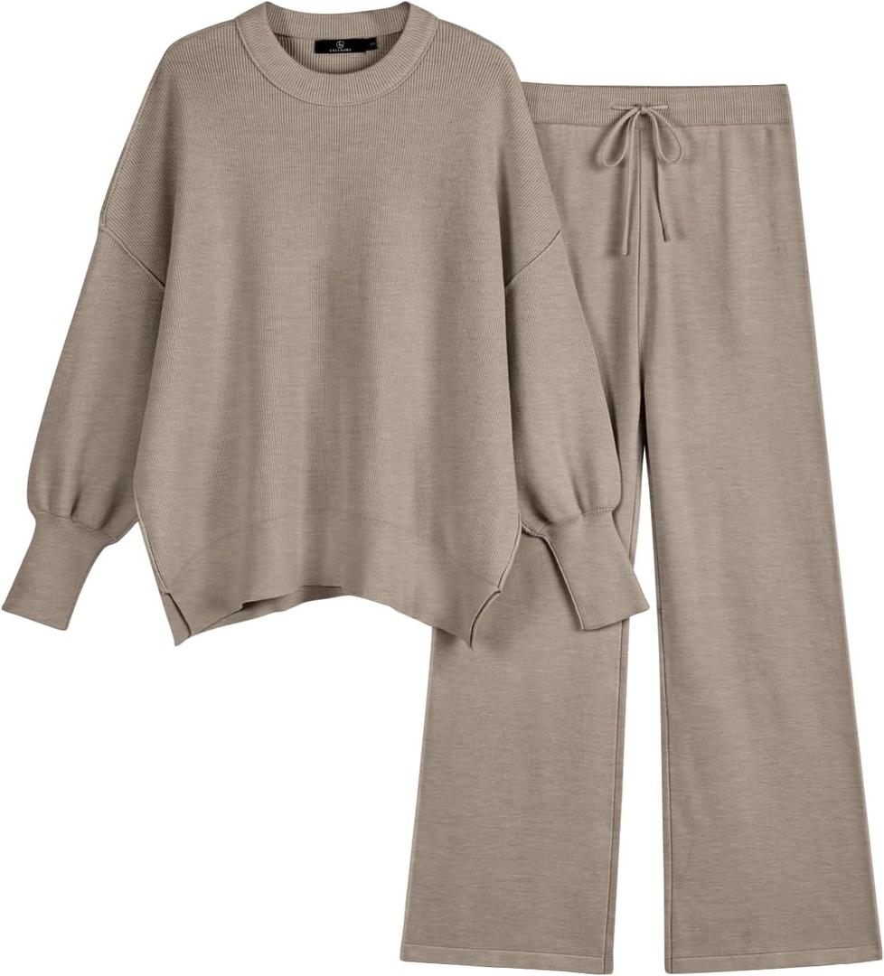 LILLUSORY Women 2 Piece Outfits Sweatsuit Oversized Knit Pullover Sweater Tops Wide Leg Pants Lounge Set (Medium, Light Tan)