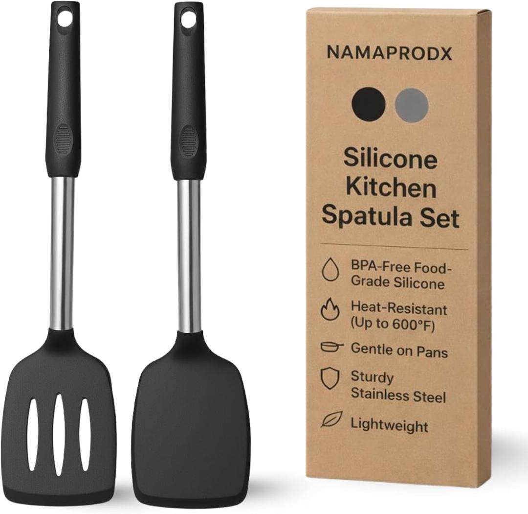 Silicone Spatula Set (2-Pc) - 600F Heat Resistant, BPA-Free, Non-Scratch, Dishwasher Safe I Slotted & Solid Kitchen Spatula Turner I Ideal for Eggs, Pancakes, Fish I Stainless Steel I Black