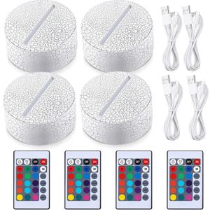 Honoson 4 Pieces 3D LED Lamp 16 Color Illusion Light Crack Night Base Battery or USB Operated Remote Control Light Stand Base for Christmas, Birthday
