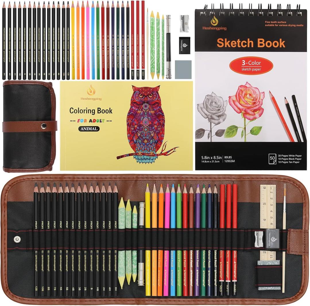Heshengping, 41pcs Sketching Pencil Set Drawing Sketch Kit Graphite Charcoal Watercolor Pencils Blending Stumps 50page sketchbook, coloring book, Beginners Artist Teens and Adults