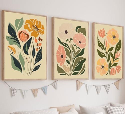 3Pcs Boho Floral Canvas Wall Art Pictures Abstract Flower Market Posters Prints Botanical Painting Wall Decor for Living Room Bedroom Home Office 24x16in Unframed