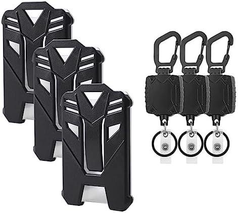 HOUSON Retractable Cord Badge Holder, 2 Pack Black Retractable Keychain 2 Pack Tactical ID Card Heavy Duty Holders, Reel with 27.5" Cord, Multitool Carabiner Key Chain Hook Clip