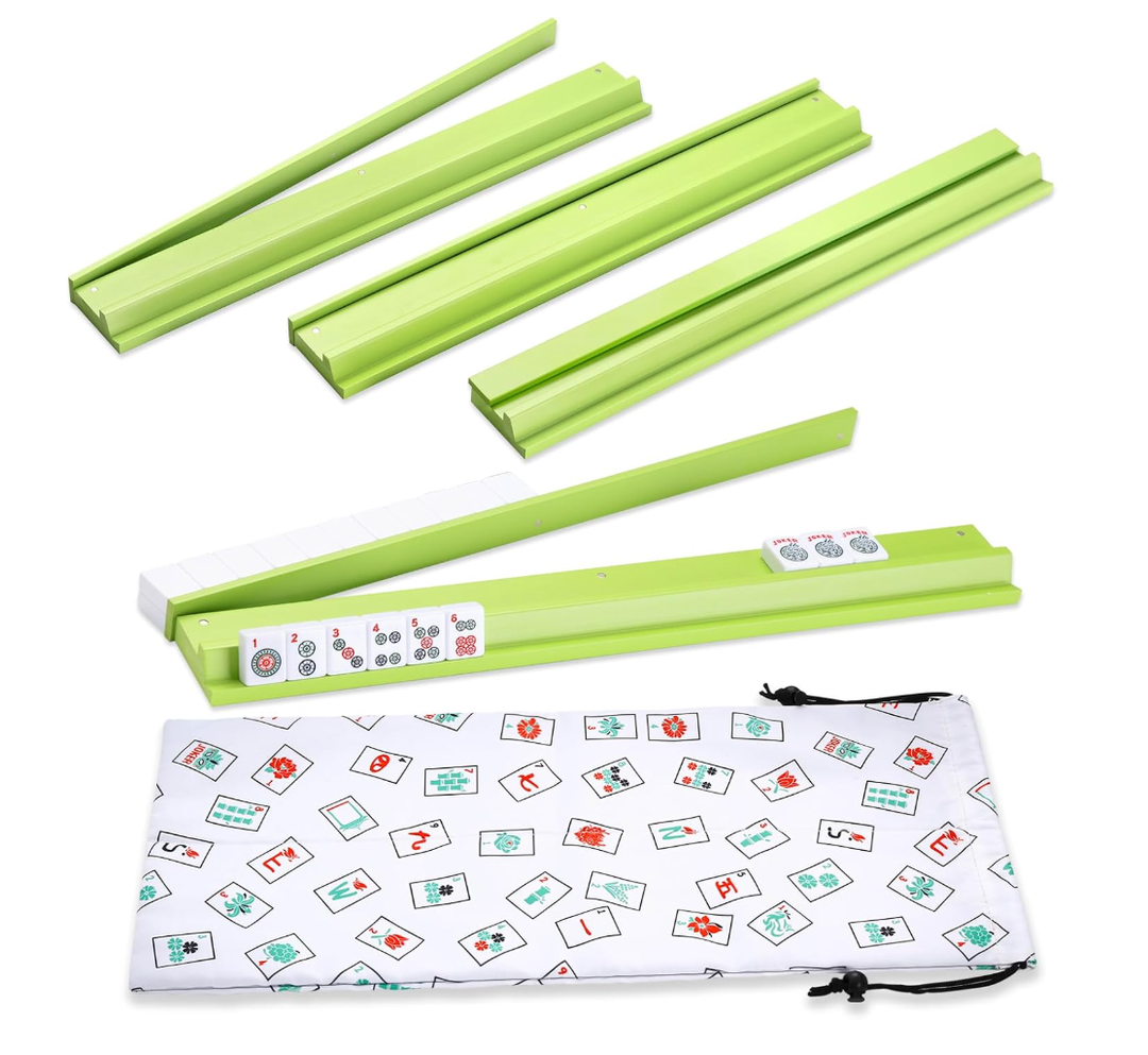 Mahjong Racks with Pushers, Light Green Wooden American Mahjong Tile Pushers and Racks Set of 4, with White Printed Mahjong Racks Drawstring Bag, Mahjong Accessories (19.68 Inches)
