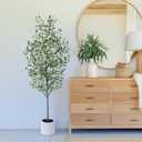 Olive Tree Artificial Indoor, 5ft Tall Silk Faux Olive Tree with White Planter, Artificial Plants with Natural Wood Trunk and Lifelike Fruits for Home Office Decor