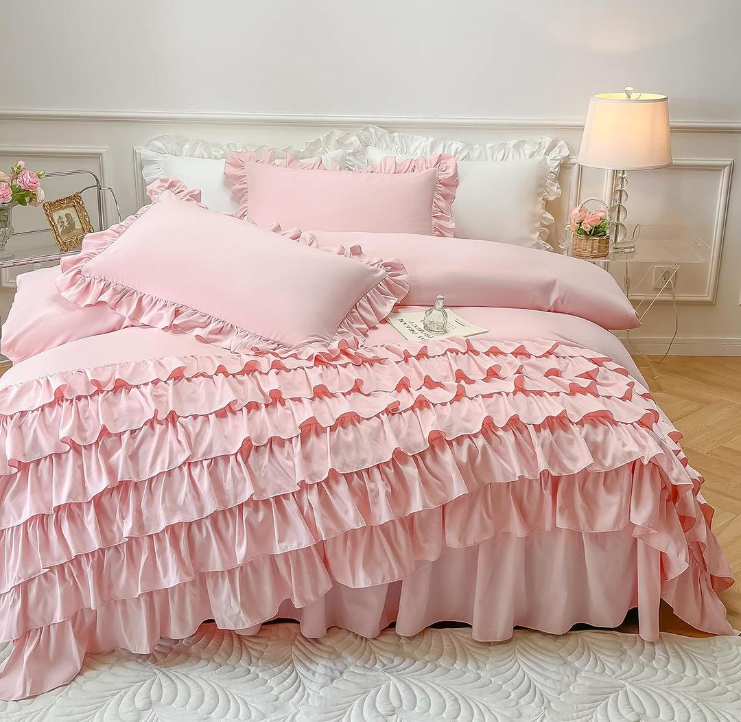 MOOWOO Waterfall Ruffle Duvet Cover Queen 3 Piece Shabby Chic Bedding Solid Color Soft and Breathable with Zipper Closure & Corner Ties (Pink, Queen)
