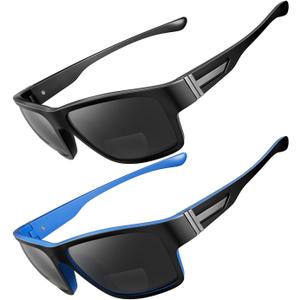2 PACK Upgraded Unbreakable Bifocal Reading Sunglasses Men TR90 Frame Wrap Around Design Glasses UV400 Protection Outdoor Sun Reader Sports/Driving (Black & Blue +2.5)