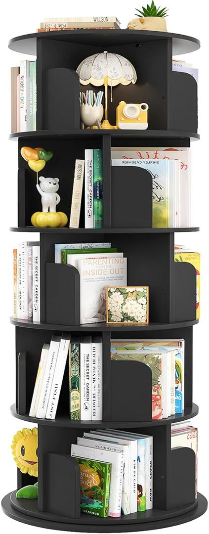 Aheaplus Rotating Bookshelf, 360 Display Wood Spinning Bookshelf Tower, 5 Tier Floor Standing Bookcase Storage Rack, Revolving Bookcase Corner Bookshelf for Small Space, Bedroom, Study Room, Black