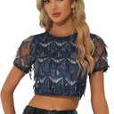 Allegra K Women's Sequin Shiny Glitter Crop Top Christmas Short Sleeves Sexy Party Tassel T-Shirt, M