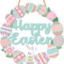 Easter Decorations Wooden Bunny Easter Wreath for Front Door Decor, Bunny Eggs Wood Wreath Decoration, Farmhouse Easter Decoration Welcome Door Wreath for Outdoor Indoor Window Hanging Decor